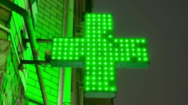 Green pharmacy cross glowing on street at night, LED diodes form bright matrix mounted on stone facade, vivid neon reflection.
