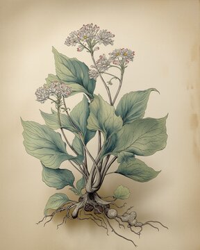 Vintage botanical illustration of a spikenard plant with detailed leaves flowers and roots in fine ink and soft watercolor