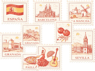 Vintage Spain travel postage stamps set, retro Spanish landmarks and culture illustrations, collection of 8 antique style vector stickers with Barcelona, Sevilla, and Granada themes © Nida
