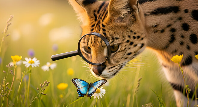 Curious serval examines blue butterfly closely.