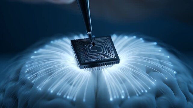 Futuristic microchip brain implant, neural link processor, glowing fiber optic network