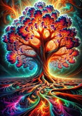 Fototapeta premium Abstract glowing tree of life with vibrant neon roots and fractal energy, fantasy digital art