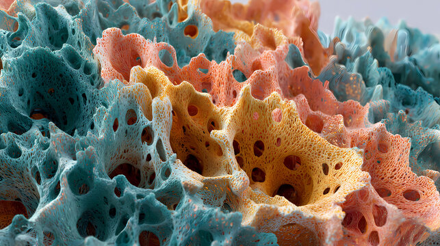 Abstract 3D sponge-like coral structures in vibrant orange and teal, Generative AI illustrations.
