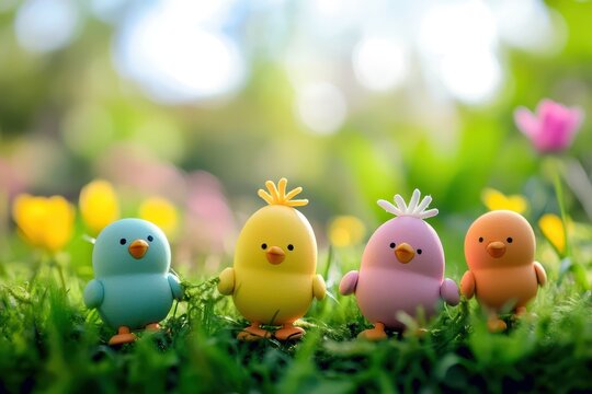 Cute colorful chicks celebrating springtime cheer