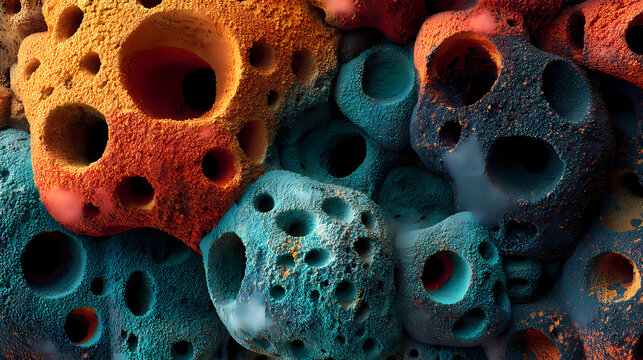 Abstract 3D sponge-like coral structures in vibrant orange and teal, Generative AI illustrations.