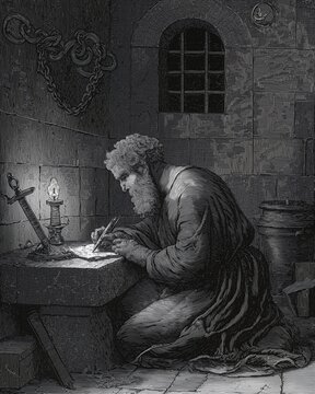 Ink etching style illustration of Saint Paul writing a letter by lamplight in a Roman prison cell