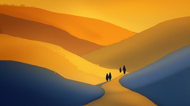 Watercolor illustration of the road to Emmaus at sunset with warm amber hills and three mysterious travelers