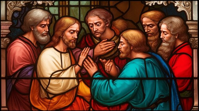 Stained glass style illustration of doubting Thomas placing his hand on the wound of the risen Christ