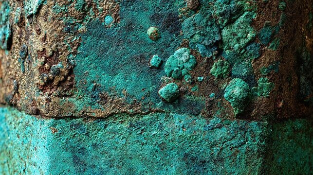 Aged copper verdigris crust displays deep sea-foam green textures with chunky mineral deposits, metallic brown highlights, and natural outdoor lighting on a gritty weathered industrial surface