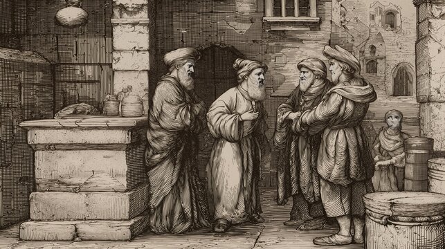 Ink etching style illustration of the parable of the talents with three servants standing before a master