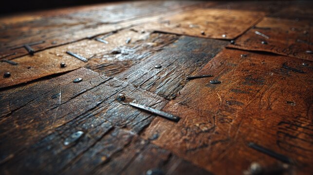 Aged leather floor close-up reveals dark scuffed wooden planks with leather scraps, metal tacks, scratches, oil stains, and an authentic artisan workshop atmosphere bathed in warm dim lighting