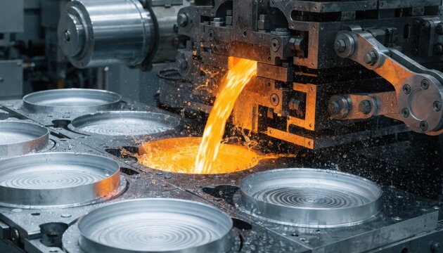 Die casting machine injecting molten aluminum under high pressure into detailed saucepan molds showcasing rapid production of uniform pan bodies.