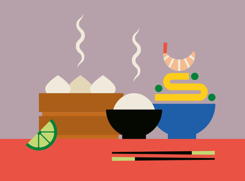 Asian Dumplings with Rice and Noodles Bowls with Shrimp and Pea Topping and Chopsticks