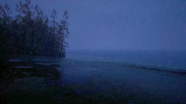 Dramatic lightning flashes over a dark ocean horizon during a heavy midnight rainstorm on a coastal shore.