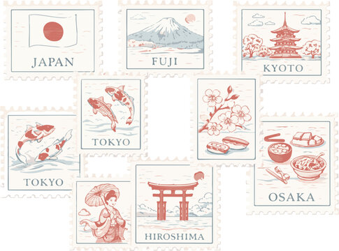 Vintage Japan travel postage stamps set, 9 vector illustrations of Fuji, Kyoto, Tokyo, Osaka and Hiroshima, retro Japanese culture icons with koi fish, torii gate and cherry blossoms