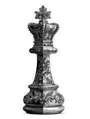 Fototapeta premium Ornate silver chess king piece with intricate engravings in monochrome studio setting on clean neutral background in elegant product photography style
