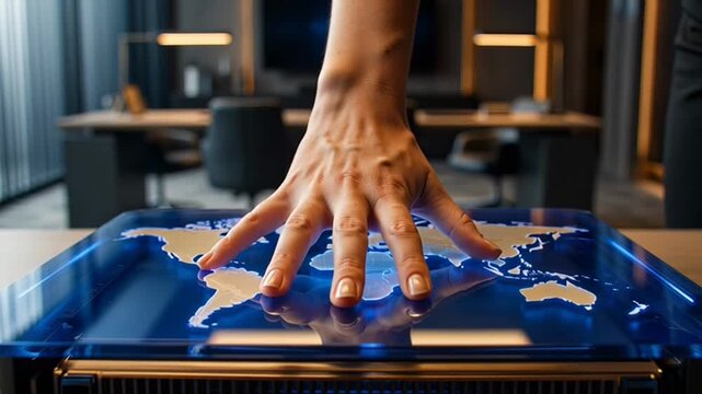 Hand touching world map on tray.