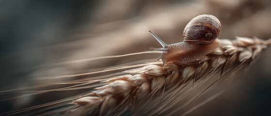 Obraz premium Elegant snail gracefully explores wheat stalk
