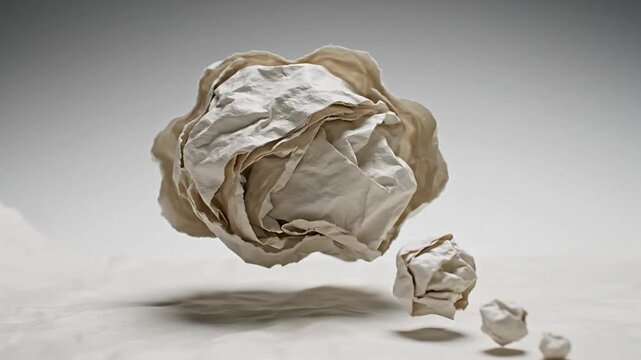 Abstract image of crumpled paper forming a floating thought bubble, symbolizing creative thinking, brainstorming, and problem-solving. Represents business innovation, idea generation, strategic...