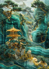 Obraz premium Golden Asian pagoda on emerald green jade mountains with gold veins and bonsai trees, fantasy 3D landscape