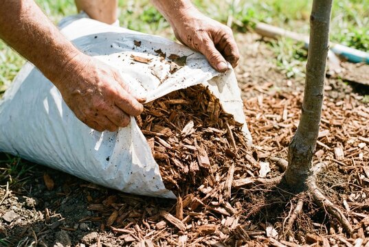 Gardener hands pouring organic wood chip mulch from a white bag around the base of a young tree