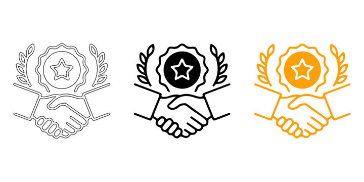 Agreement Seal Icon Variations: Three stylized icons depict a handshake, encircled by a laurel wreath and a star, symbolizing partnership and achievement. 
