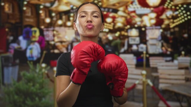 Woman with red boxing gloves, fists up near face in street market with stalls and string lights; confidence vitality sport.