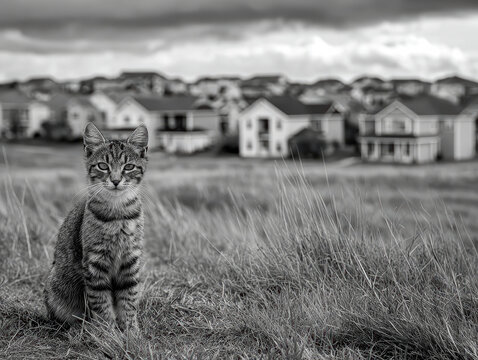 Close-up black white photo of a gray and white tomcat in a field, surrounded by suburban houses Cat stands upright with anthropomorphic quality, gazing off into distance, amid soft l - AI-Generated