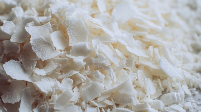 Macro close up of white wax flakes used for candle making