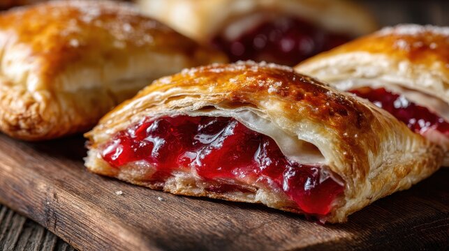 Freshly baked fruit puff pastry turnovers on a wooden cutting board