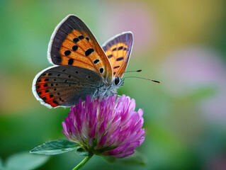 Fototapeta premium Close-up photograph of a butterfly on pink clover, rich orange and black wing patterns, creamy green bokeh background, shallow depth of field, soft daylight - AI-Generated