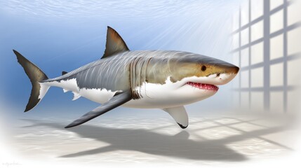 Naklejka premium Great white shark gracefully swimming in enclosed aquatic environment