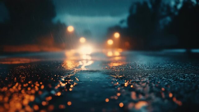 A scene of a rainy night in a city where cars have their headlights on and the street is reflecting the lights. The road appears wet, indicating it's been recently raining.