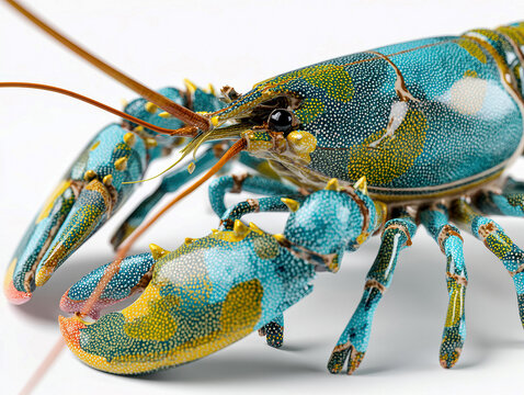 Highly detailed, hyperrealistic 3D lobster sculpture in vibrant turquoise, green, yellow, and coral tones The lobsters have iridescent shells with micro-details, long articulated anten - AI-Generated