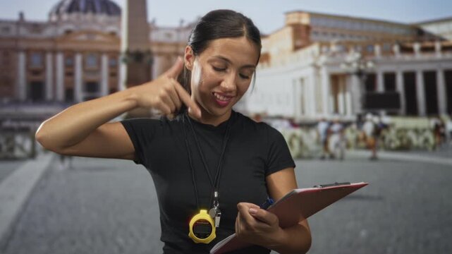 Hispanic woman referee pointing finger down at stopwatch and clipboard in building; confidence coaching.