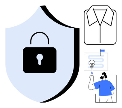 Cybersecurity, data protection, user privacy, technology safety, secure communication, system authentication, reliability. Shield with lock person interacting with digital elements. Cybersecurity