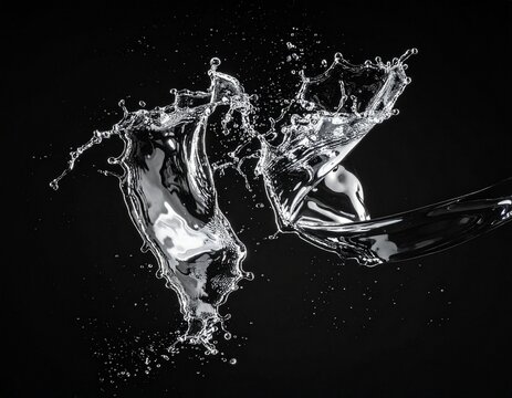 An abstract water splash forms a fluid, dynamic shape resembling a bird in flight against a deep black void, with sharp highlights defining the liquid's intricate, ephemeral texture.