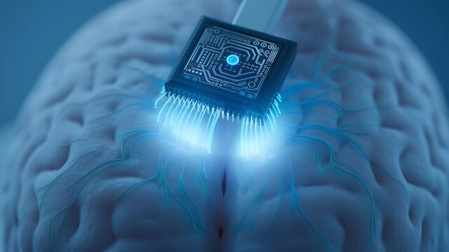 Futuristic conceptual image of a brain with a microchip neural interface