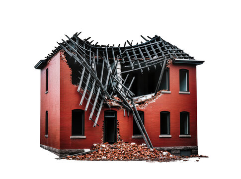 Isolated old brick house with collapsed roof and debris, abandoned building demolition concept