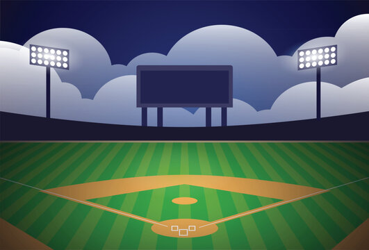 Vector baseball diamond baseball field at night with stadium lights and infield dirt and outfield grass stock illustration
