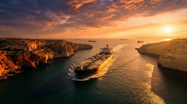 Aerial Sunset View of Massive Crude Oil LNG Tanker Ships Navigating Strait of Hormuz Rocky Coastline Persian Gulf Global Energy Gateway OPEC Shipping Corridor