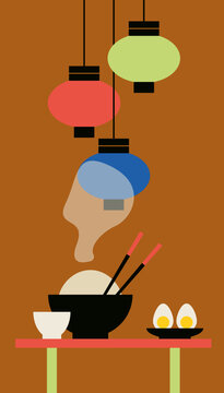 Table with Rice Bowl, Chopsticks, Eggs and Hanging Lanterns