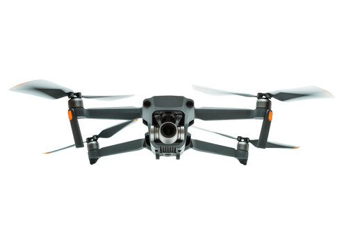 Isolated modern gray quadcopter drone with an advanced camera for aerial photography