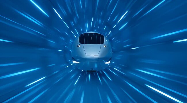 Sleek high speed train accelerating through a blue light tunnel simulation