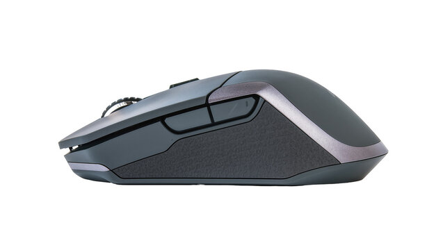 Ergonomic dark gray computer mouse with textured grip, isolated on transparent background