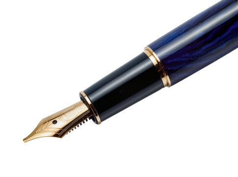 Isolated luxurious fountain pen with gleaming gold nib and elegant blue marbled barrel