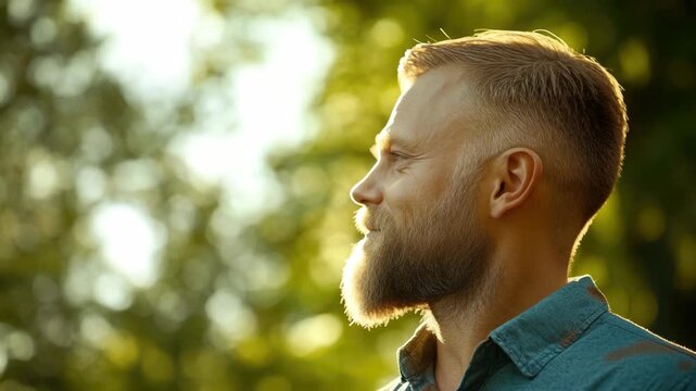A man with a well-groomed beard, looking off to the side against a backdrop of blurred greenery.