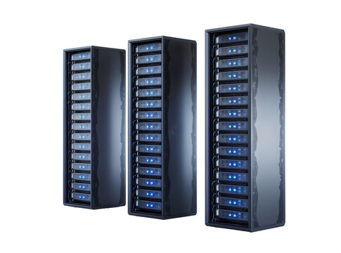 Isolated modern server racks with glowing blue lights in a powerful data center environment