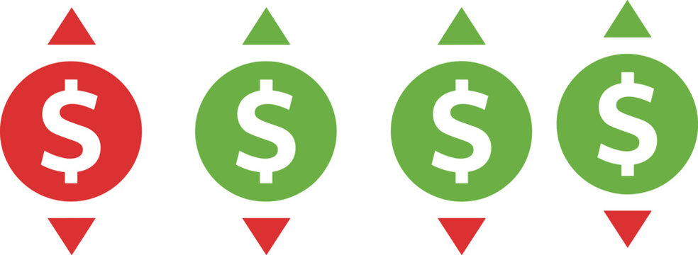 Vector illustration of financial trend icons with dollar signs and arrows showing market increase and decrease in circular designs