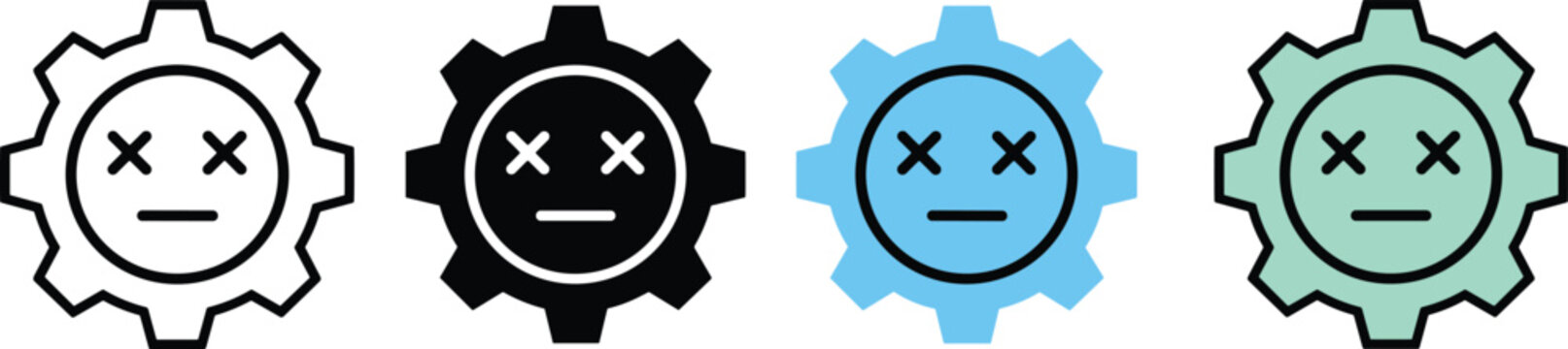 Vector illustration of gear icons with neutral faces in multiple colors for technology, malfunction, and inactive system designs